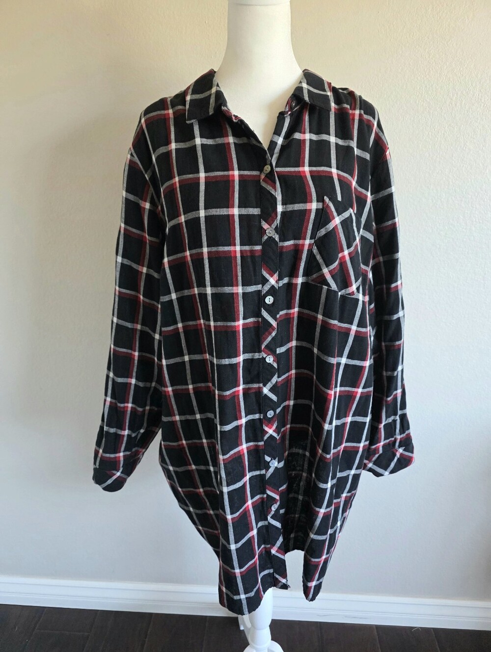 J Jill Shirt Top Women Size 2X Red Black Plaid Button Front Tunic Cotton Pockets